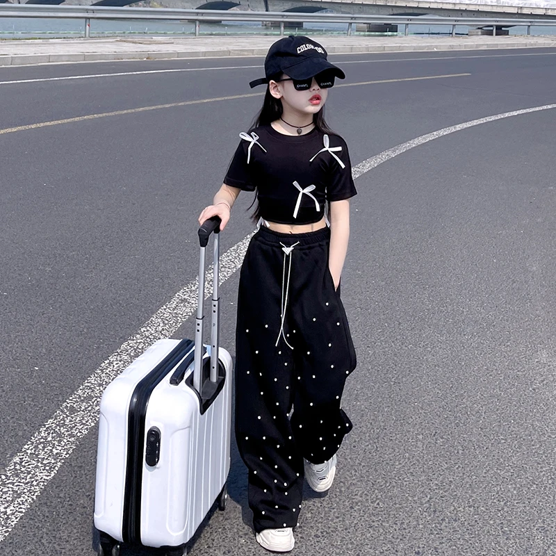 女童小蝴蝶结短袖T恤时髦夏季新款中大童炸街短款半袖上衣打底衫9