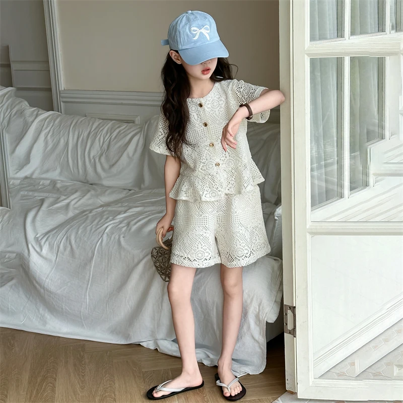 女童夏装套装2025新款女大童时髦洋气薄款儿童夏季镂空蕾丝两件套