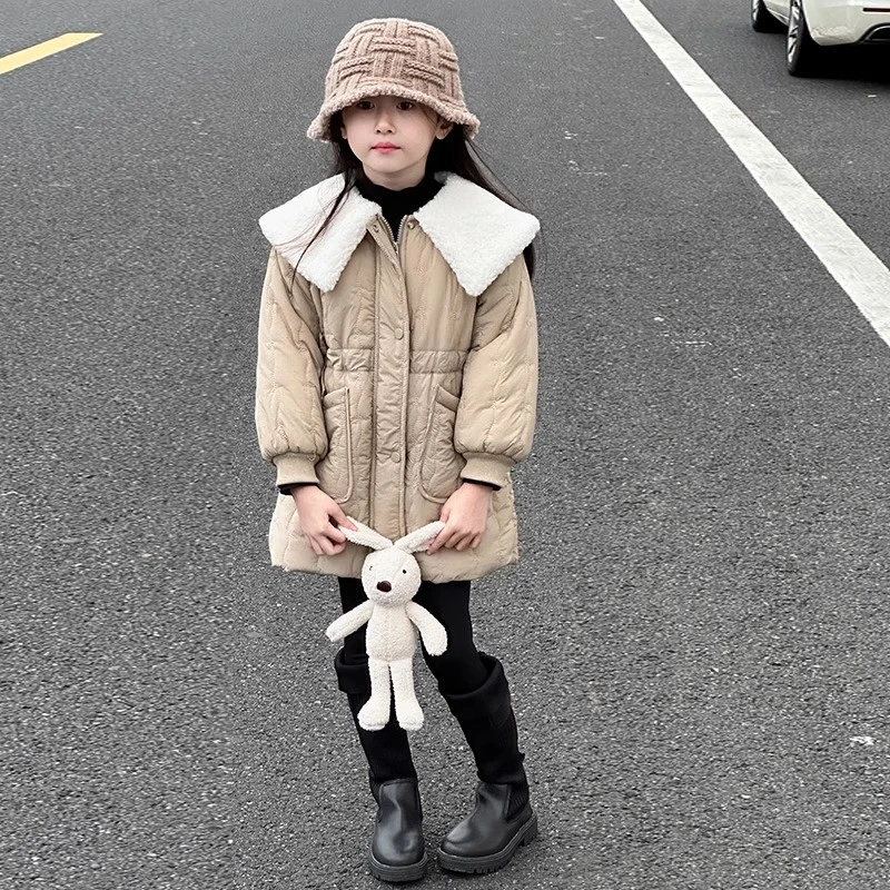 女童加绒棉服秋冬装2024新款儿童加厚保暖棉衣中长款夹棉外套棉袄
