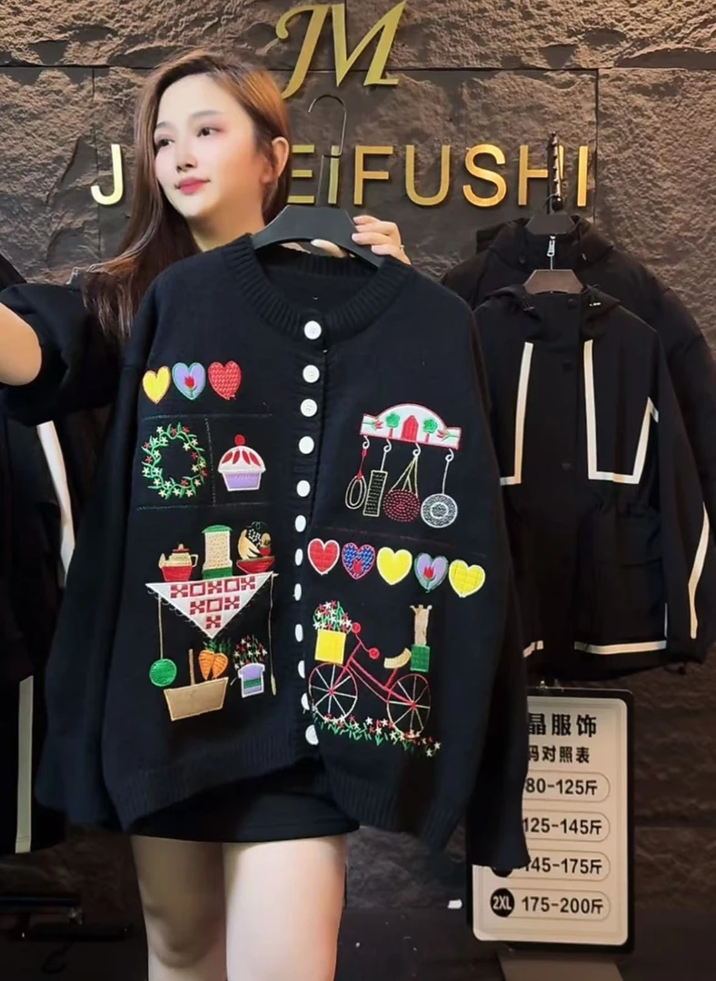 2024新款卡通刺绣黑色针织衫1140