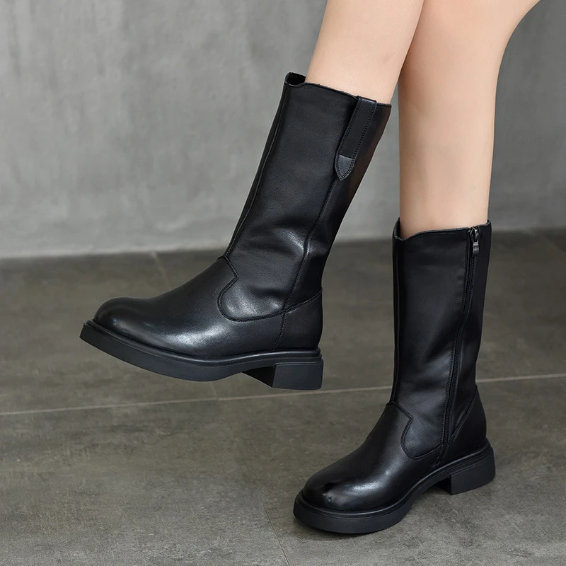 真皮高靴侧拉链骑士靴2023秋冬新款头层牛皮中筒靴中跟加绒女棉靴