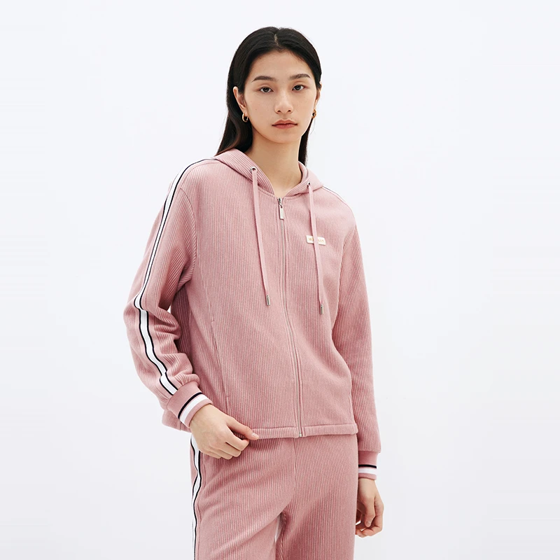 十二篮奥莱24春新款羊毛混纺灯芯绒粉色休闲连帽外套7C64110330