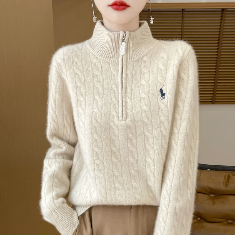 品牌秋冬羊毛衫女半拉链小马刺绣高领加厚时尚休闲毛衣麻花针织衫
