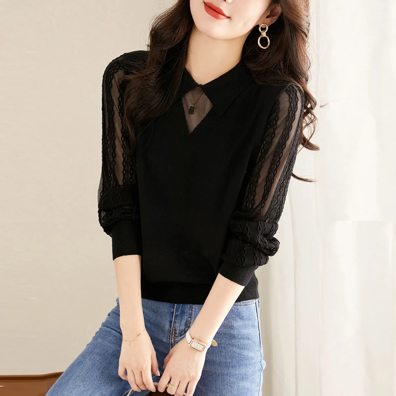 品牌2024秋冬薄款设计感蕾丝翻领内搭针织衫长袖洋气减龄上衣毛衣