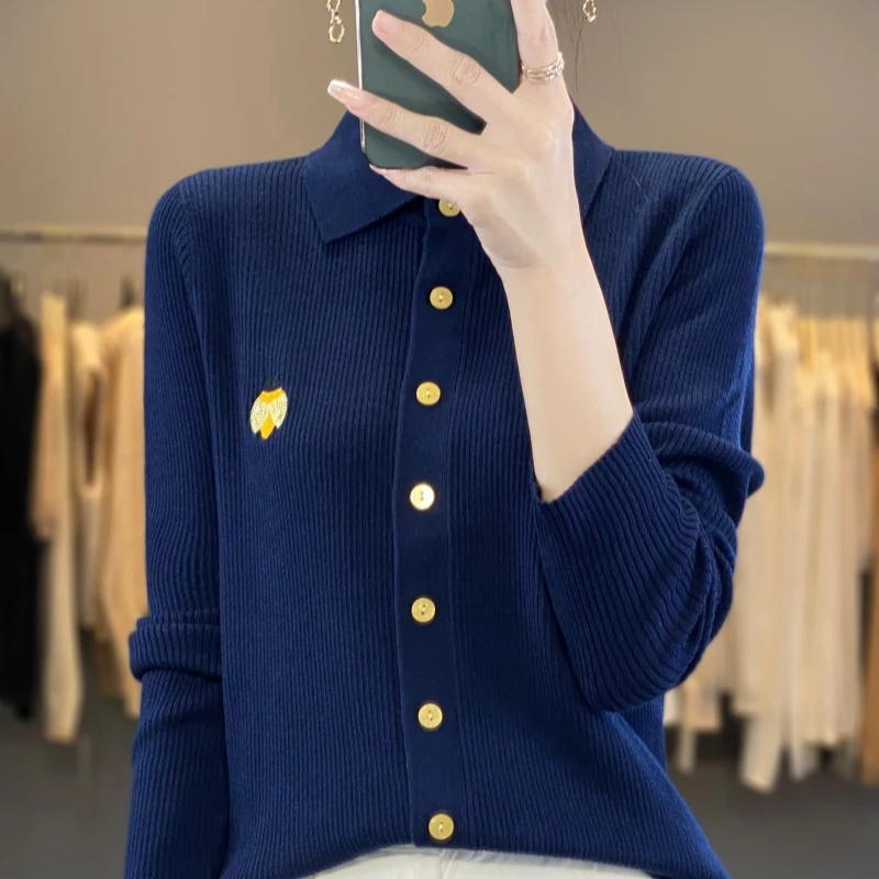品牌2024新款女装翻领刺绣单排扣开衫时尚气质百显瘦搭针织衫毛衣