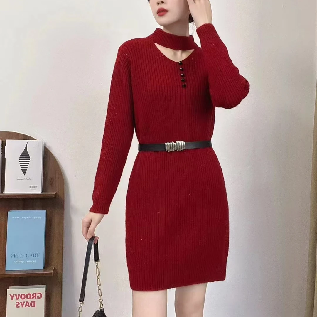 秋冬新款慵懒风针织裙设计感修身时尚休闲显瘦潮流百搭加厚中长款