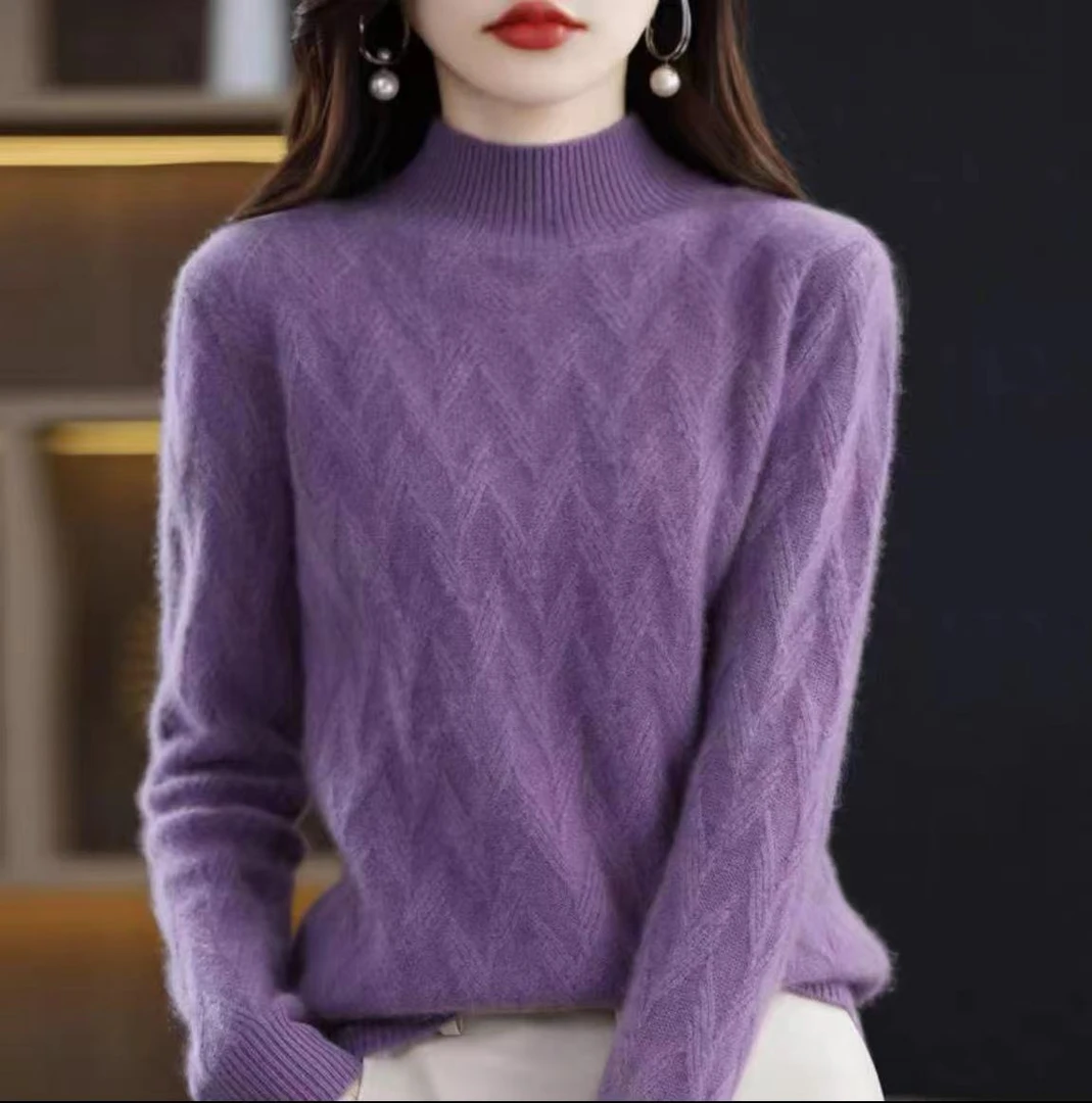 2023秋冬新款加厚纯色提花时尚洋气潮流百搭高档女式长袖针织毛衣
