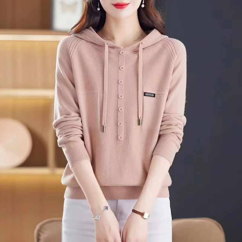 秋冬新款连帽针织衫时尚洋气潮流百搭显瘦慵懒风设计感套头宽松女