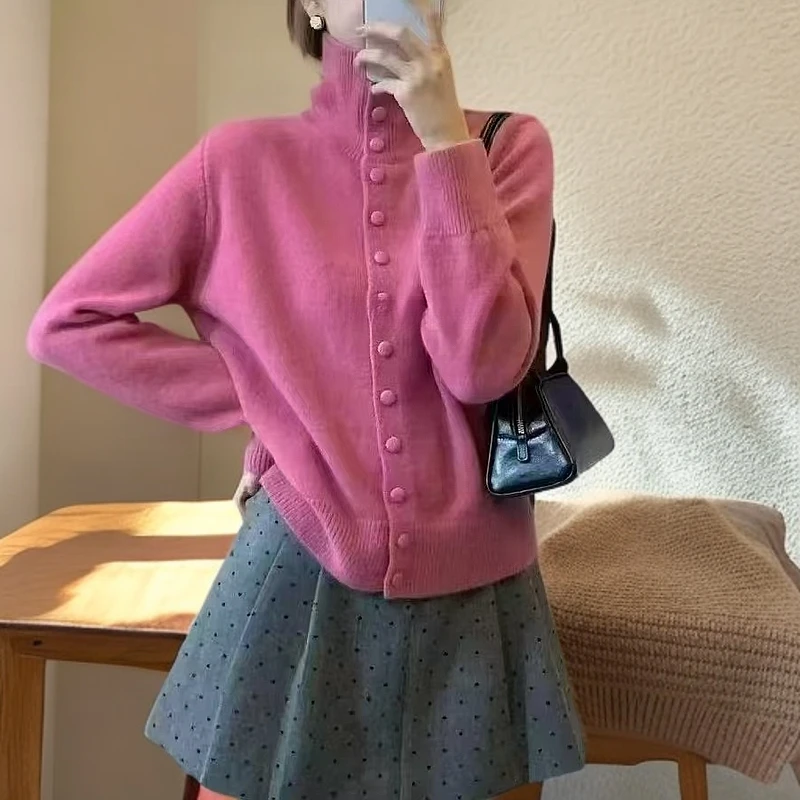 秋冬款时尚简约可立领可翻领加厚针织开衫宽松百搭经典气质设计感