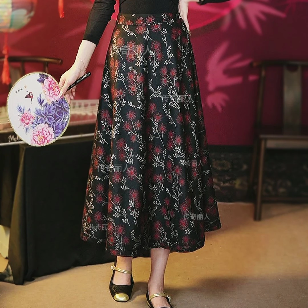 【秋冬毛呢】大摆裙显瘦秋冬毛呢印花中长A字半身裙40-50岁半身裙