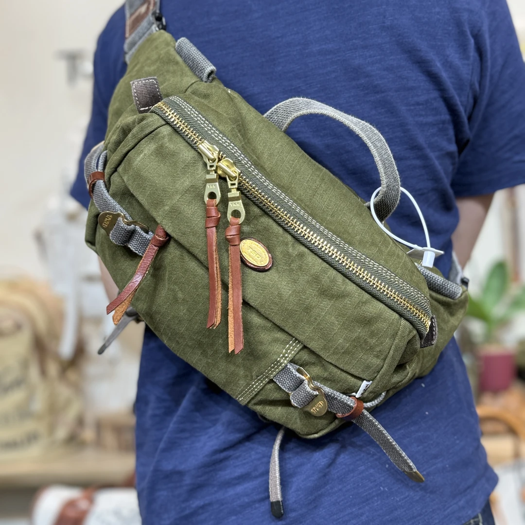 TSD-新款手工皮具军风百搭复古机车胸包斜挎包男包帆布包-8438