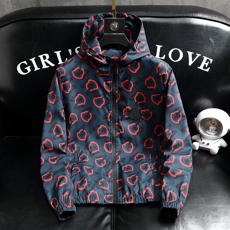 //缦莱衣2023新款男士欧版夹克外套连帽休闲男士印花春季潮流薄款