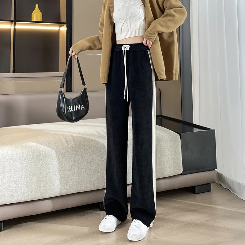 白边阔腿裤女春秋冬加厚加绒大码胖mm年轻妈妈欧棉绒运动直筒裤子