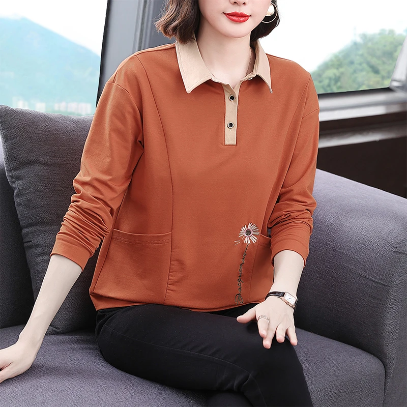 棉绣花拼接长袖打底衫女2025秋新款宽松大码中年妈妈减龄洋气潮