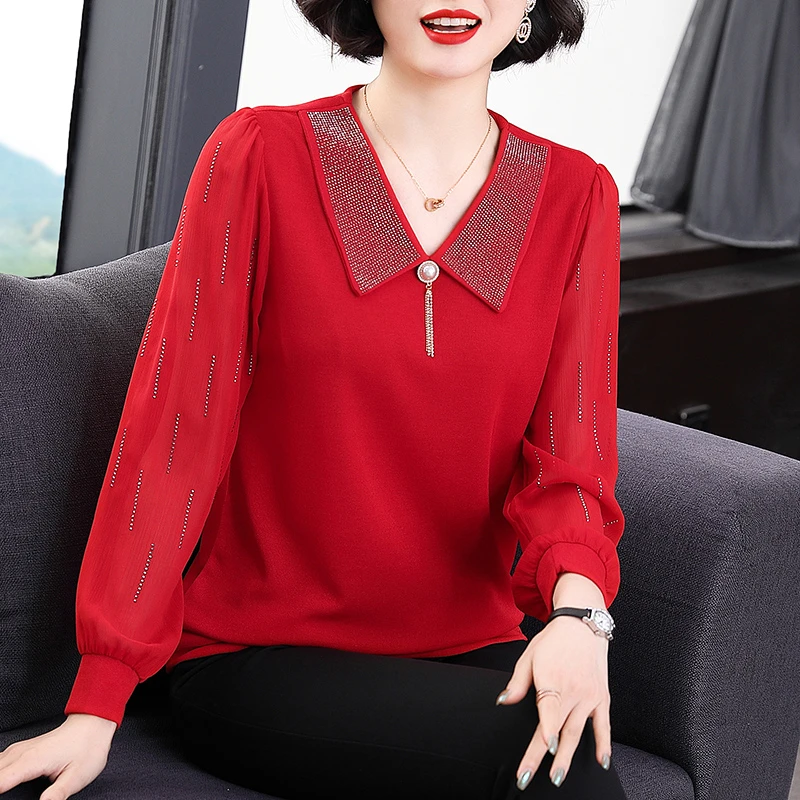 红色新年娃娃领烫钻雪纺小衫上衣女大码胖mm妈妈女士洋气打底t恤