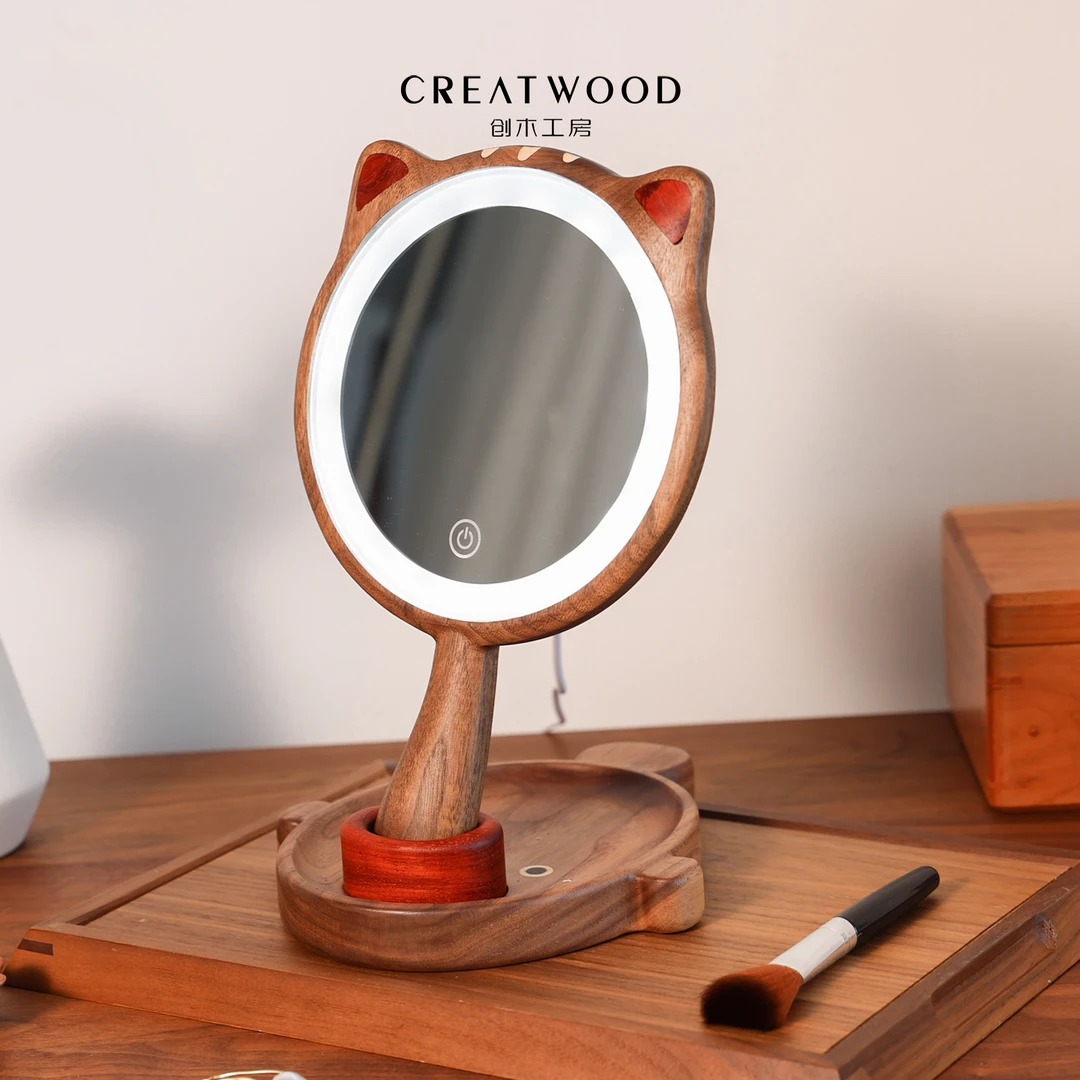 被鱼吃的猫化妆镜/创木工坊龙猫鲤鱼镜子化妆镜带灯三极调光原