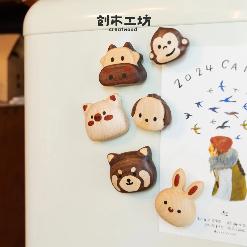 小动物冰箱贴/木质龙狗熊猫猴牛猪鼠兔子可爱创意卡通磁吸装饰