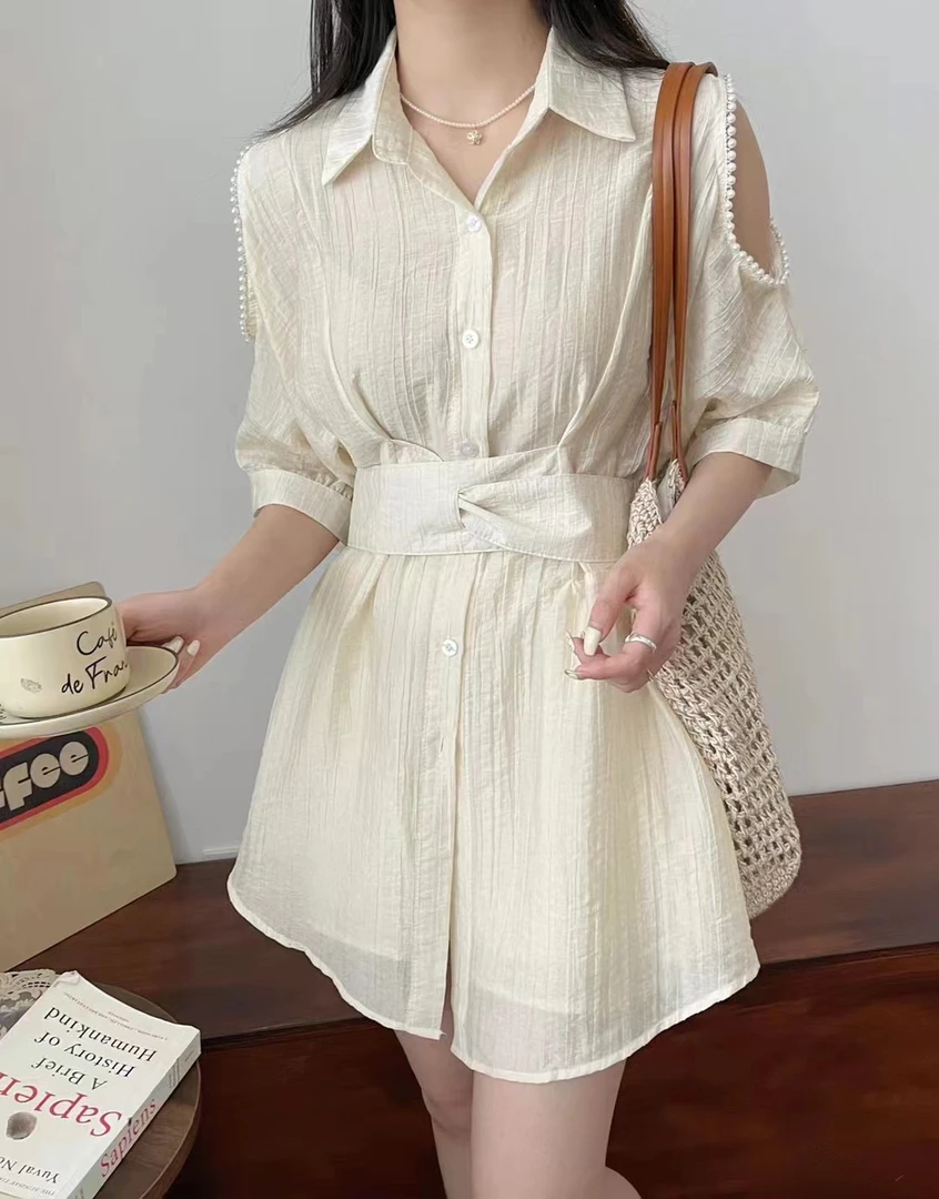 2024夏季新品钉珠露肩两件套时尚休闲显瘦衬衫裙衣阔腿短裤女套装