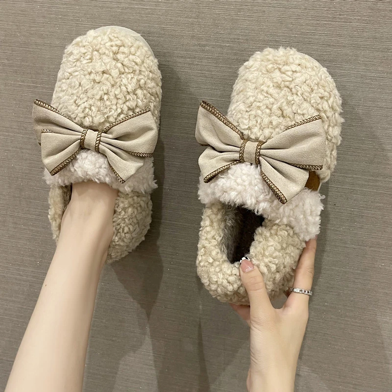 棉拖鞋女包跟冬季外穿可爱蝴蝶结ins居家用厚底保暖毛绒月子情侣