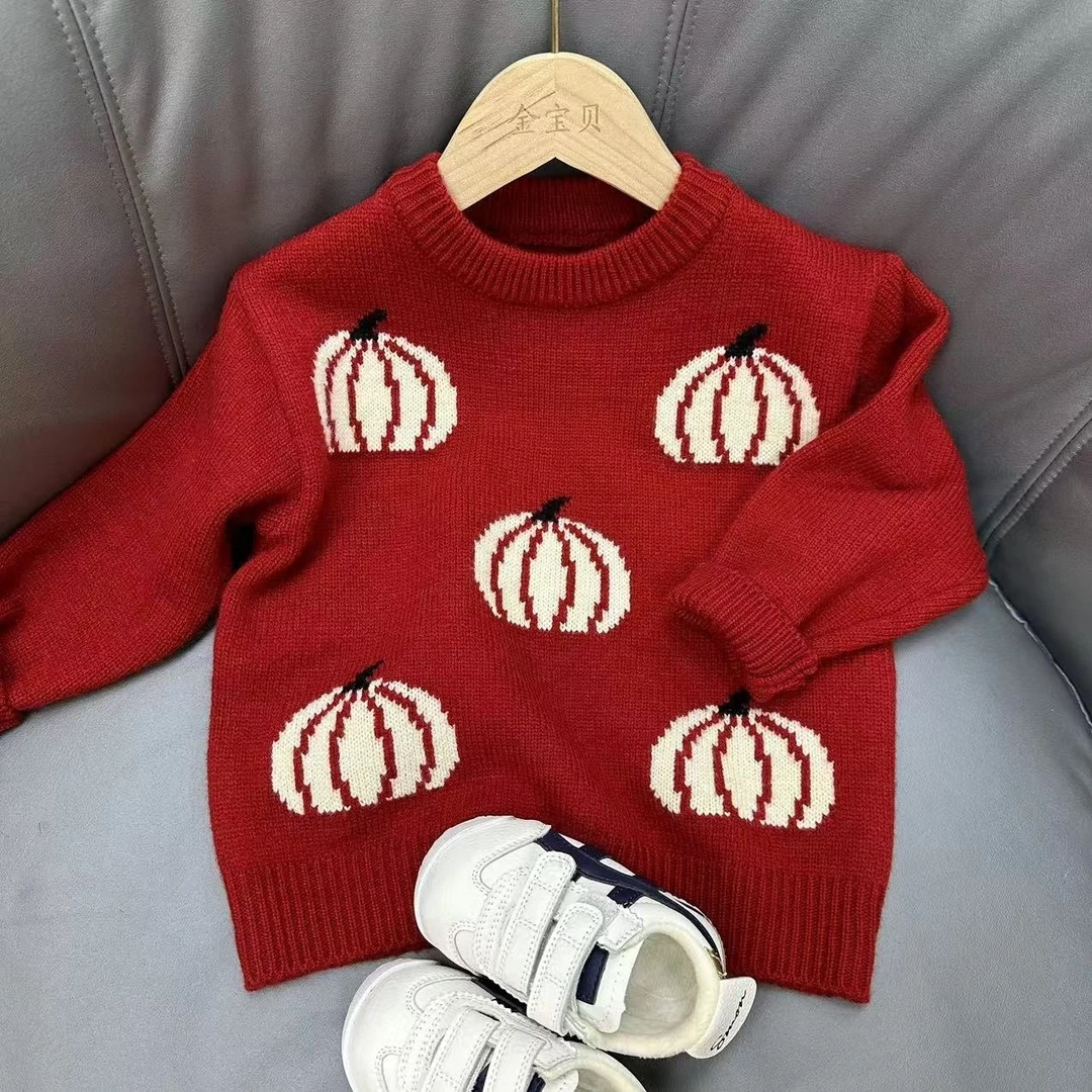 【南瓜亲子】儿童加绒加厚红色毛衣韩版提花针织男童高领毛衣