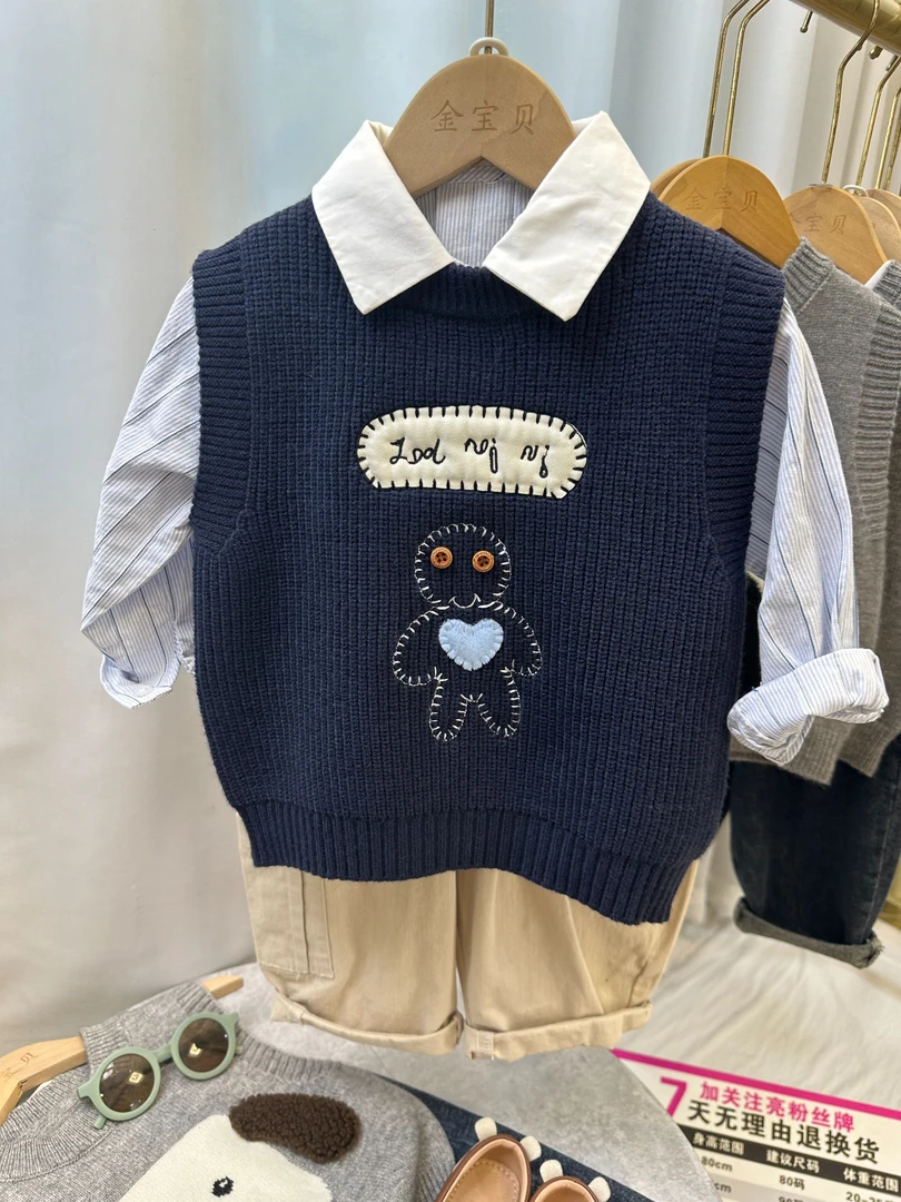 【小饼干】2025秋装新款套头儿童卡通马甲男女童装宝宝洋气针织背心