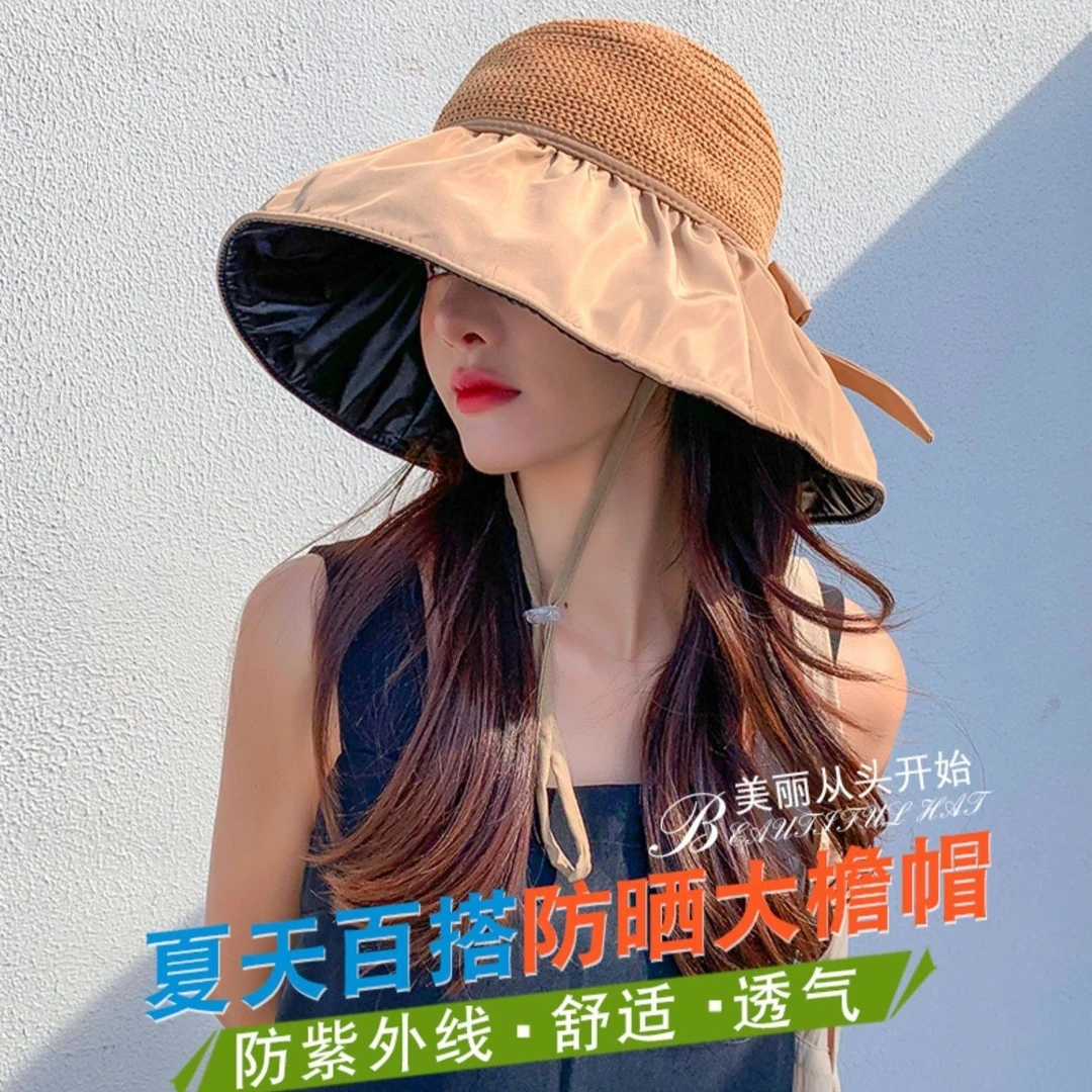夏季黑胶蝴蝶结遮阳帽女镂空草帽防紫外线大檐遮脸防晒太阳渔夫帽