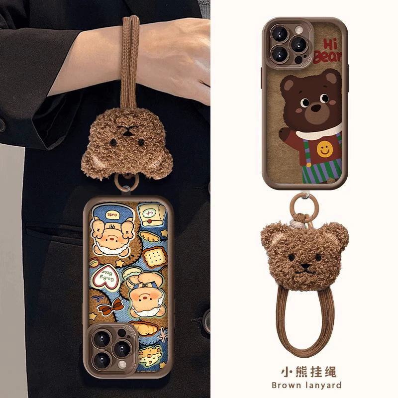 欧克里里秋冬黄油背带小熊挂绳适用苹果16手机壳华为vivo小米oppo