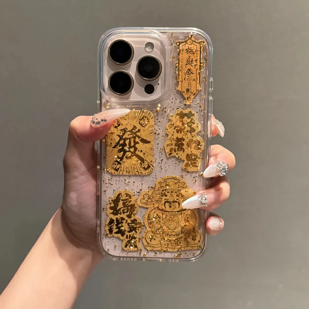 欧克里里大孔金箔滴胶财神爷适用苹果16/15/14手机壳13/12透明11