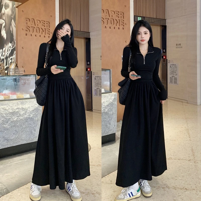 大码新款2024秋季黑色修身显瘦拉链Polo领端庄气质过膝简约连衣裙
