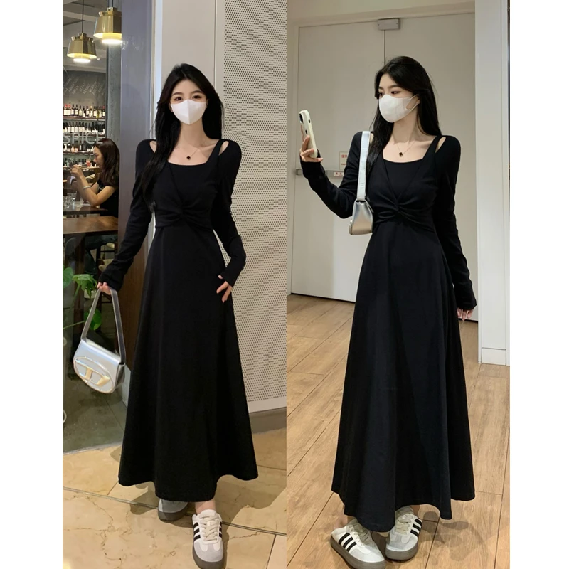 大码气质休闲假两件秋季2024新款法式扭结收腰显瘦a字大摆连衣裙