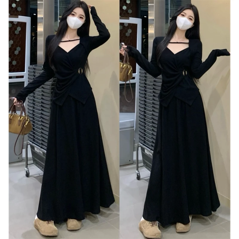 大码秋季新设计感侧扣收腰显瘦针织小衫松紧腰伞裙半身裙两件套装