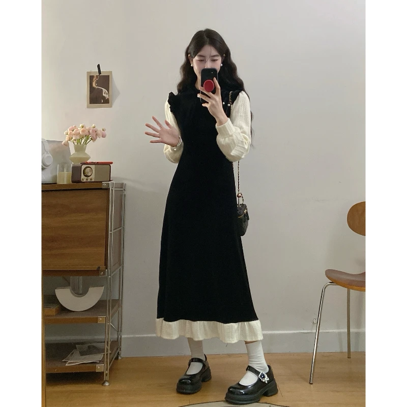 大码盘扣丝绒拼接新中式秋冬季长袖连衣裙拼接显瘦国风旗袍A字裙