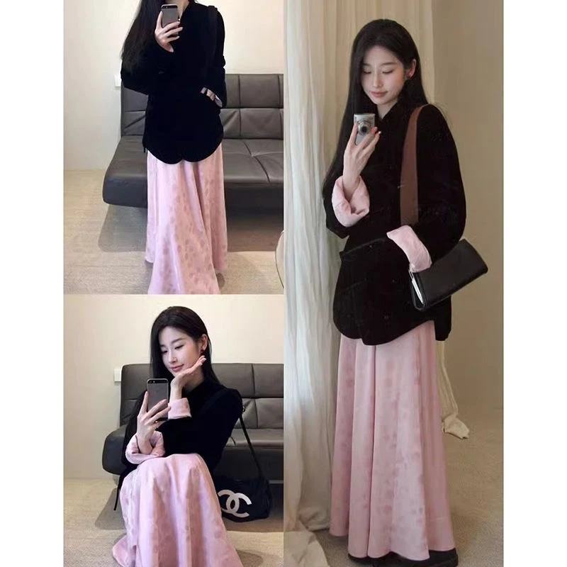 大码秋冬新款国风新中式盘扣丝绒外套宽松开衫A字半身裙气质穿搭