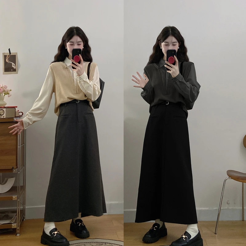 大码女装秋冬新款宽松假两针织拼接显瘦上衣半裙送皮带洋气穿搭