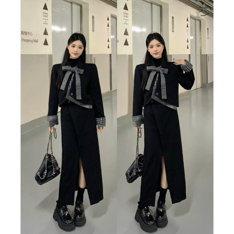 大码千金风蝴蝶结系带宽松立体裁剪毛呢拼接夹棉外套半身裙两件套