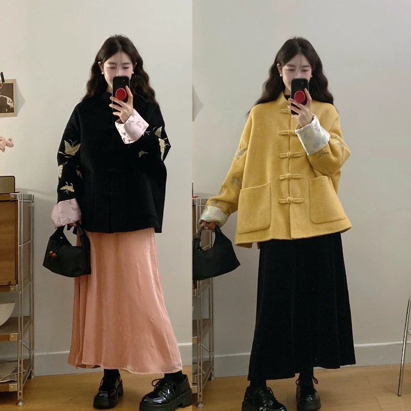 大码秋冬新中式蝴蝶刺绣盘扣毛呢大衣半身裙气质高级感国风穿搭