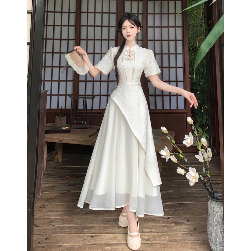 大码新中式清冷感重工盘扣短袖连衣裙女新款温柔中长款国风连衣裙