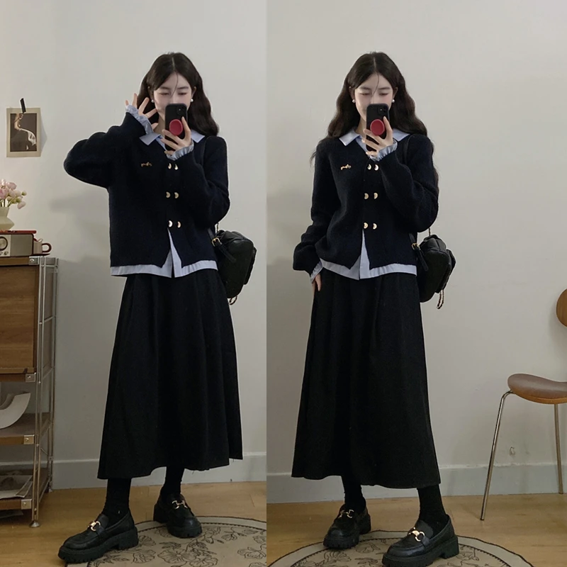 大码秋冬新假两件加厚开衫毛衣外套女拼接衬衫搭配半身裙减龄穿搭