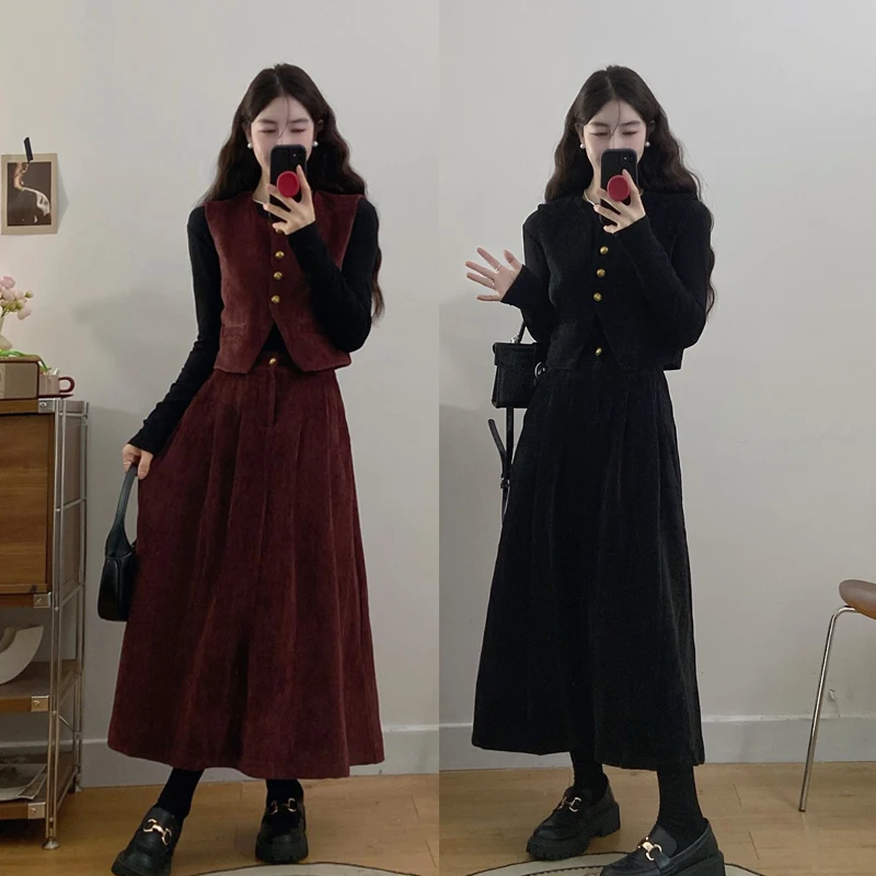 大码小香风套装2025秋冬新款时尚气质马甲半身裙高级感显瘦套装裙