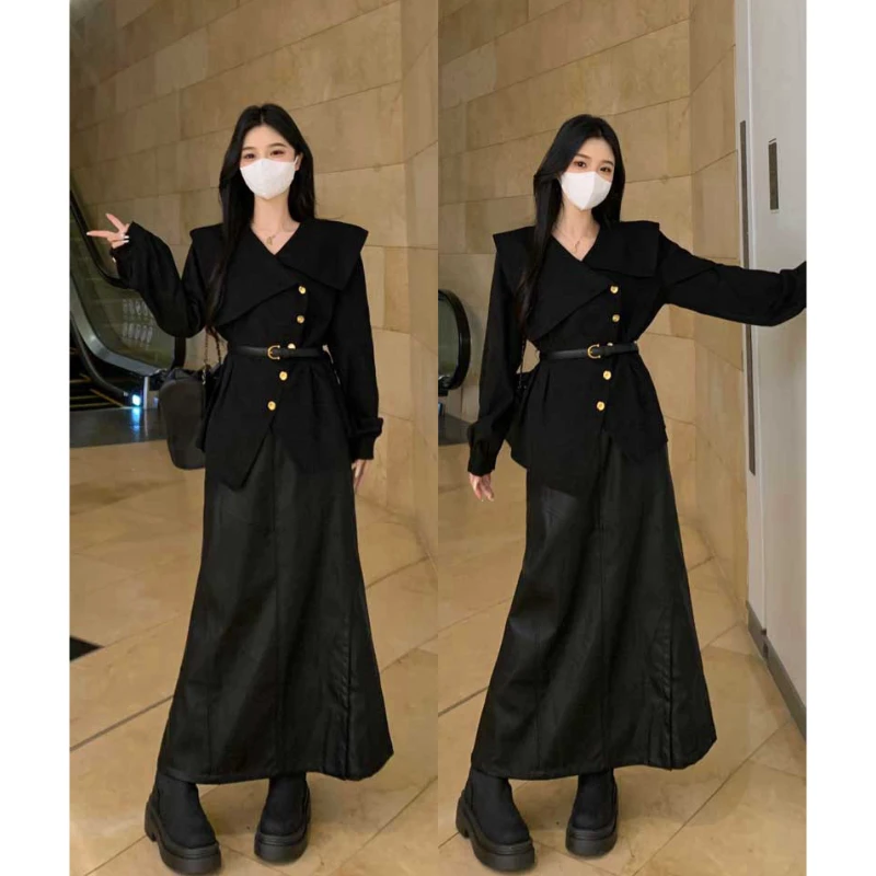 大码秋冬新款翻领衬衫pu皮半身裙胖mm巨显瘦梨形身材遮肉洋气穿搭