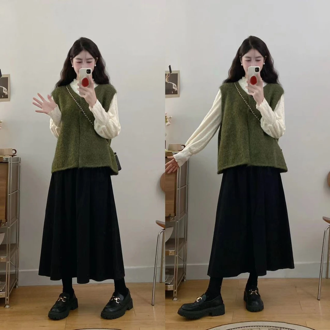 大码百搭针织毛衣背心马甲设计感小众蕾丝打底衫半身裙复古穿搭