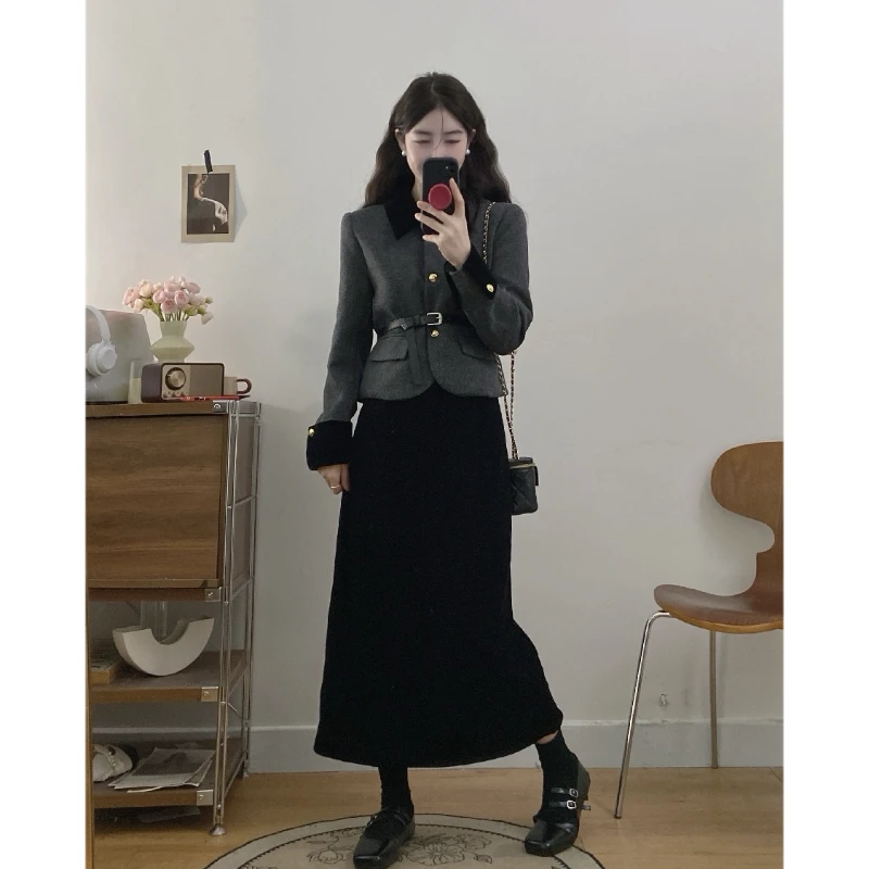 大码女装冬季灰色毛呢夹棉外套丝绒半身裙两件套小香风气质套装