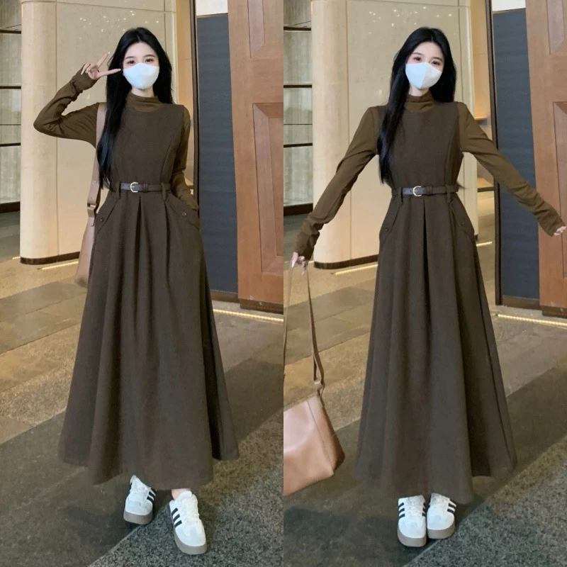 大码冬季新款法式复古韩版加厚毛呢背带裙针织内搭打底衫两件套