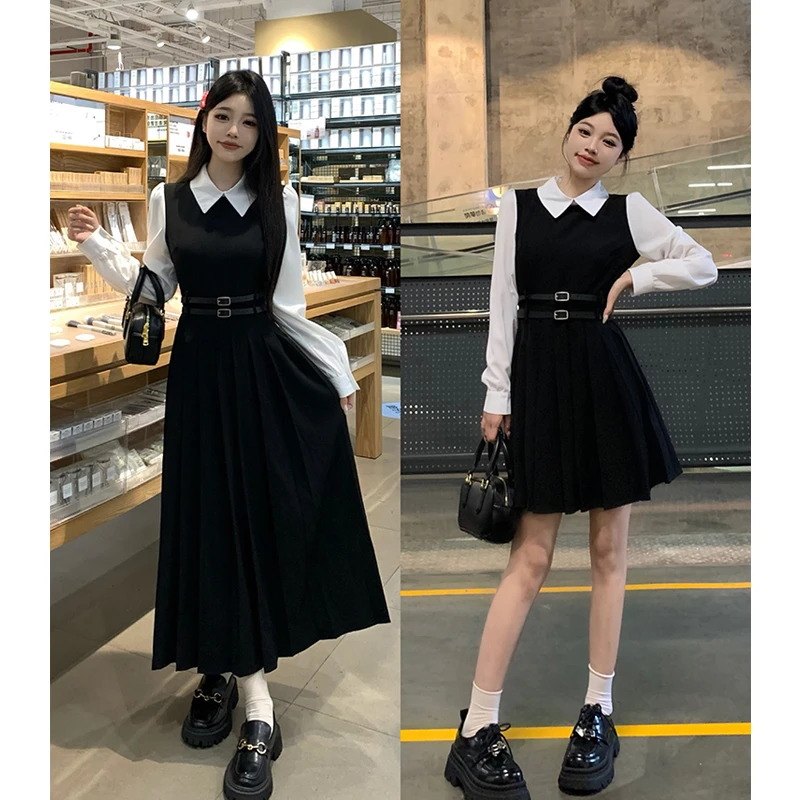 大码女装2025假两件显瘦收腰女装连衣裙胖mm藏肉百褶裙小黑裙女