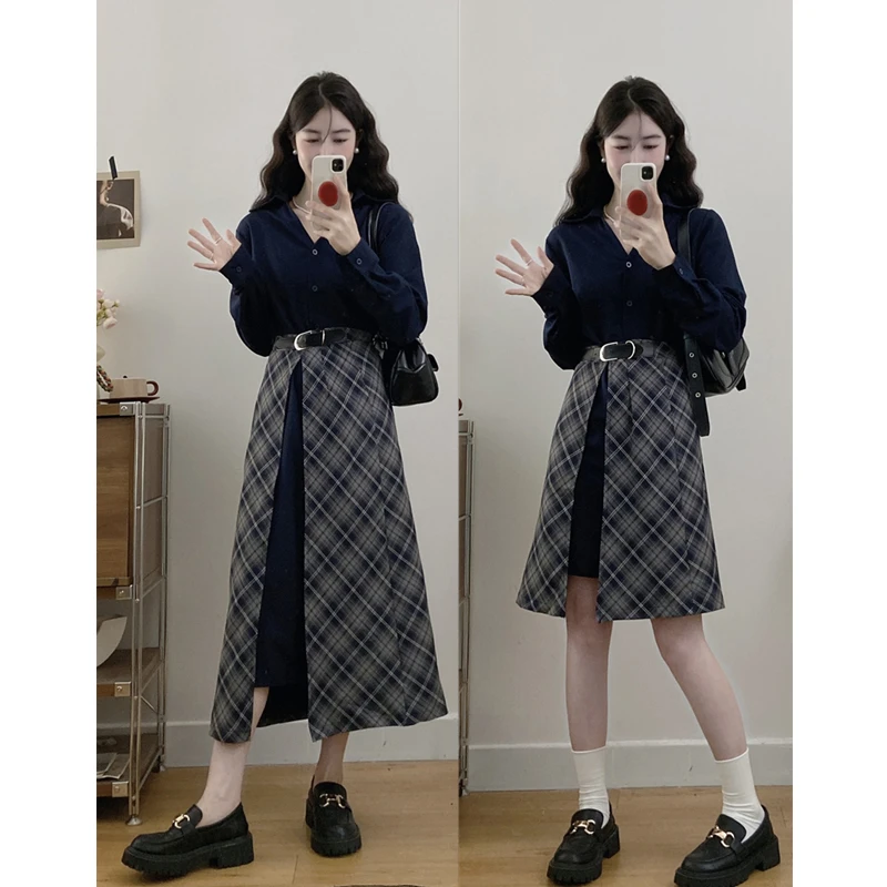 大码女装2025秋新款复古气质一片式拼接收腰显瘦假两件衬衫连衣裙