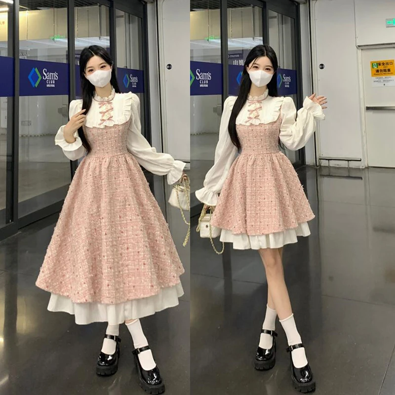 大码秋冬新款胖mm千金风减龄气质小香风粗呢绣花连衣裙假两件裙子