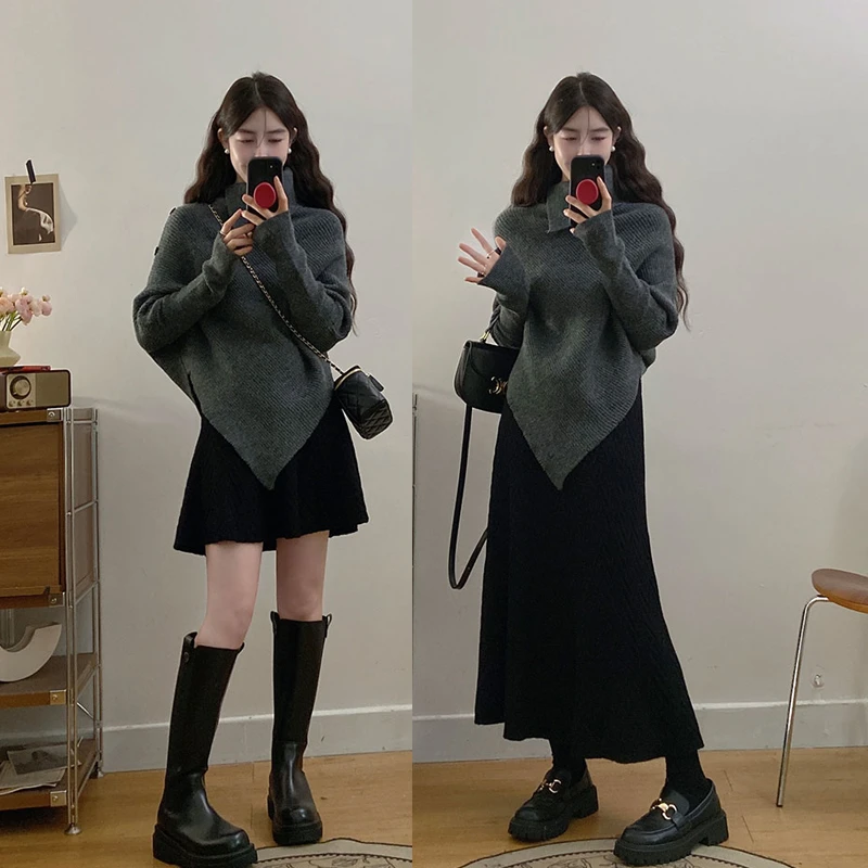 大码2024秋冬季新款温柔韩系慵懒风加厚针织上衣半身裙气质穿搭