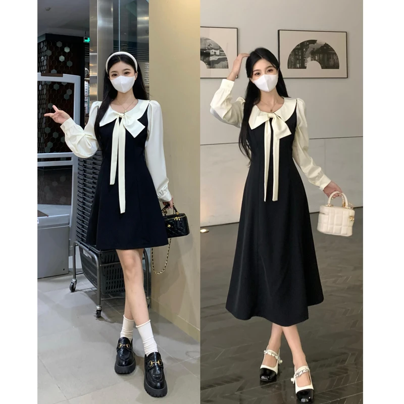 大码法式气质千金感蝴蝶结连衣裙女2024秋冬新款撞色赫本风连衣裙