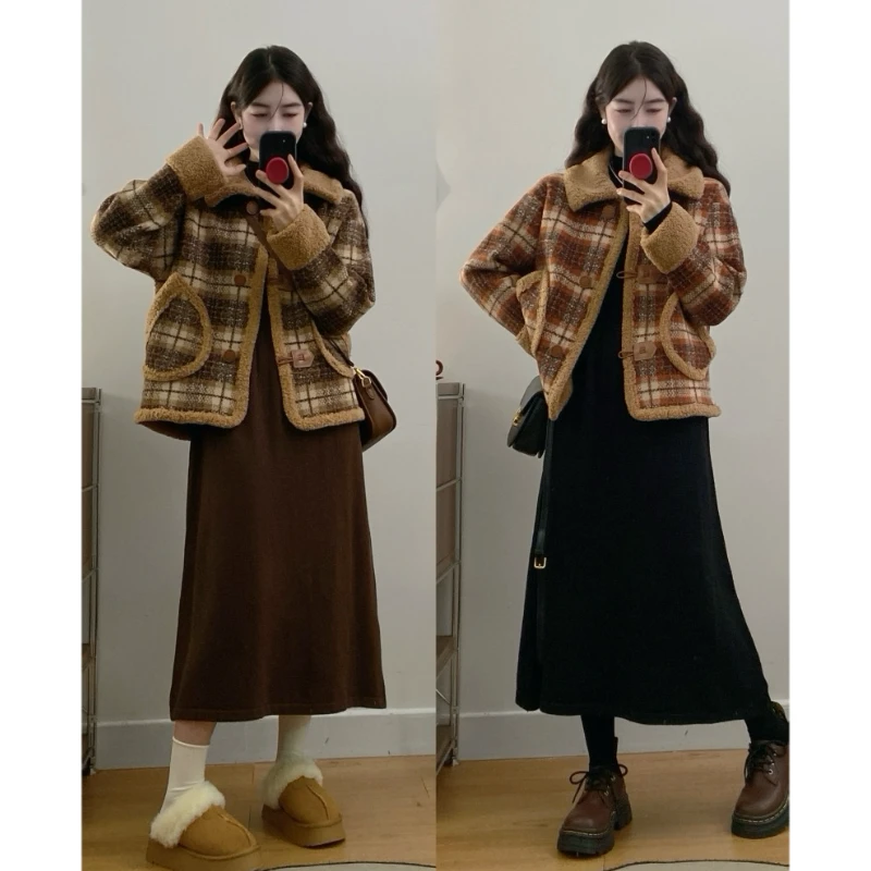 大码秋冬新款小香风双面呢格子上衣外套打底连衣裙气质法式穿搭