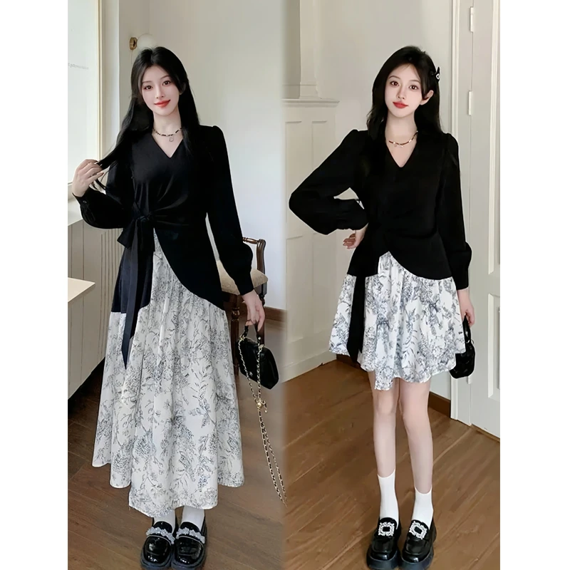 大码黑色不规则拼接碎花气质连衣裙女2025秋季设计感收腰显瘦长裙